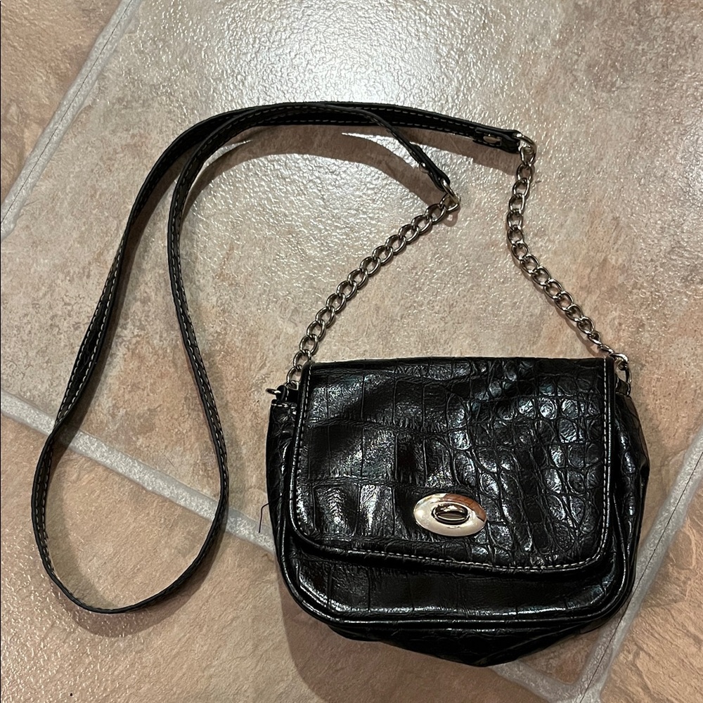 Elegant Black Croc-Pattern Embossed Tiny Shoulder Bag